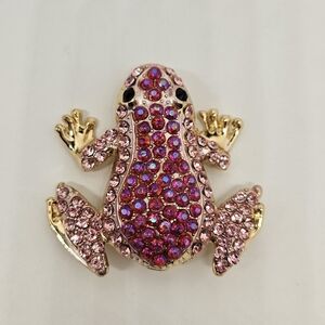 Tree Frog Brooch Pin Pink AB Crystals Rhinestones Gold Tone